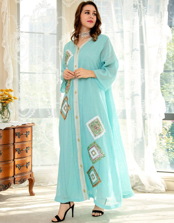 Sequins Jalabiya Imitation Linen Abaya for Evening Party Occasions